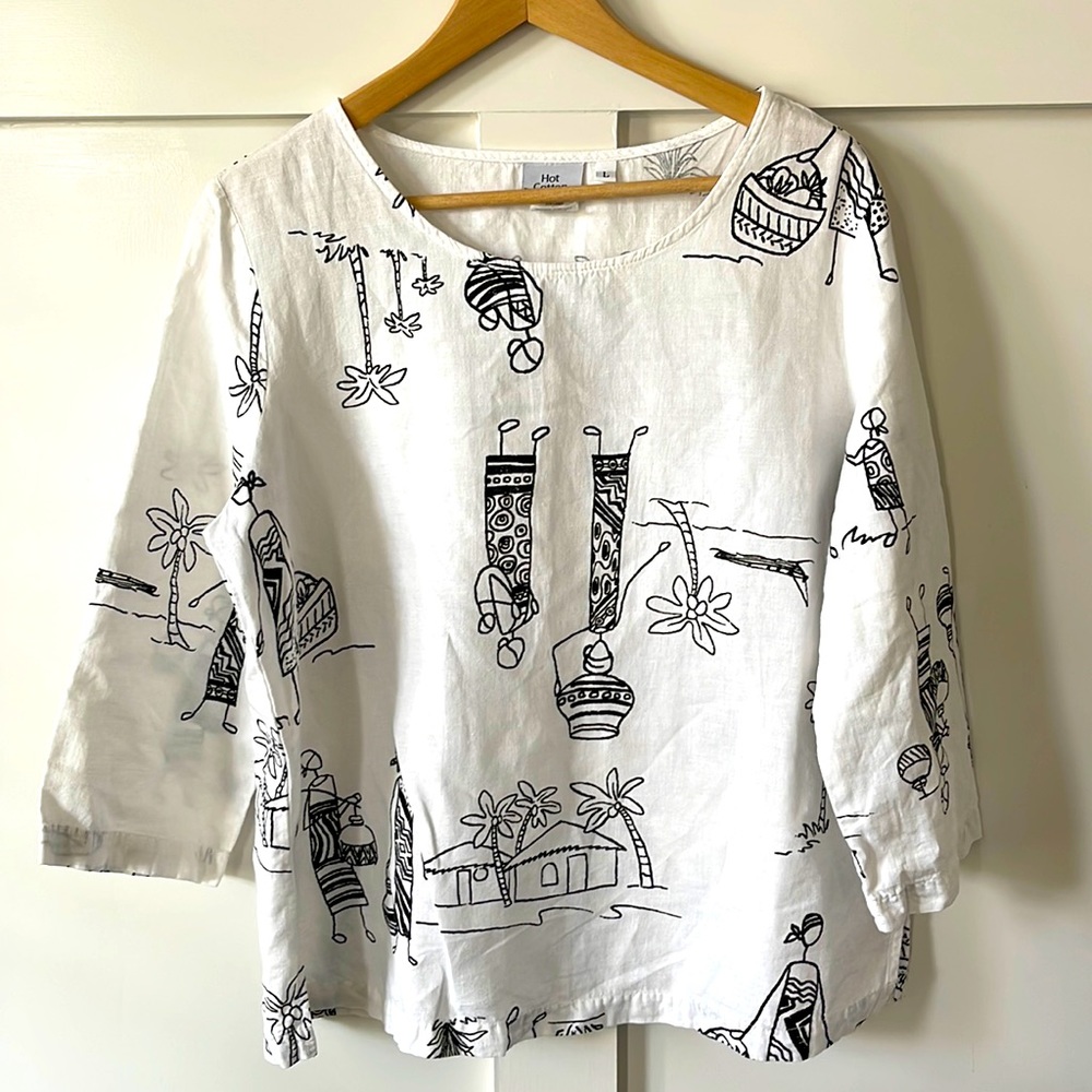 HOT COTTON 100% Linen Africa family Life 3/4 sleeve Blouse Large